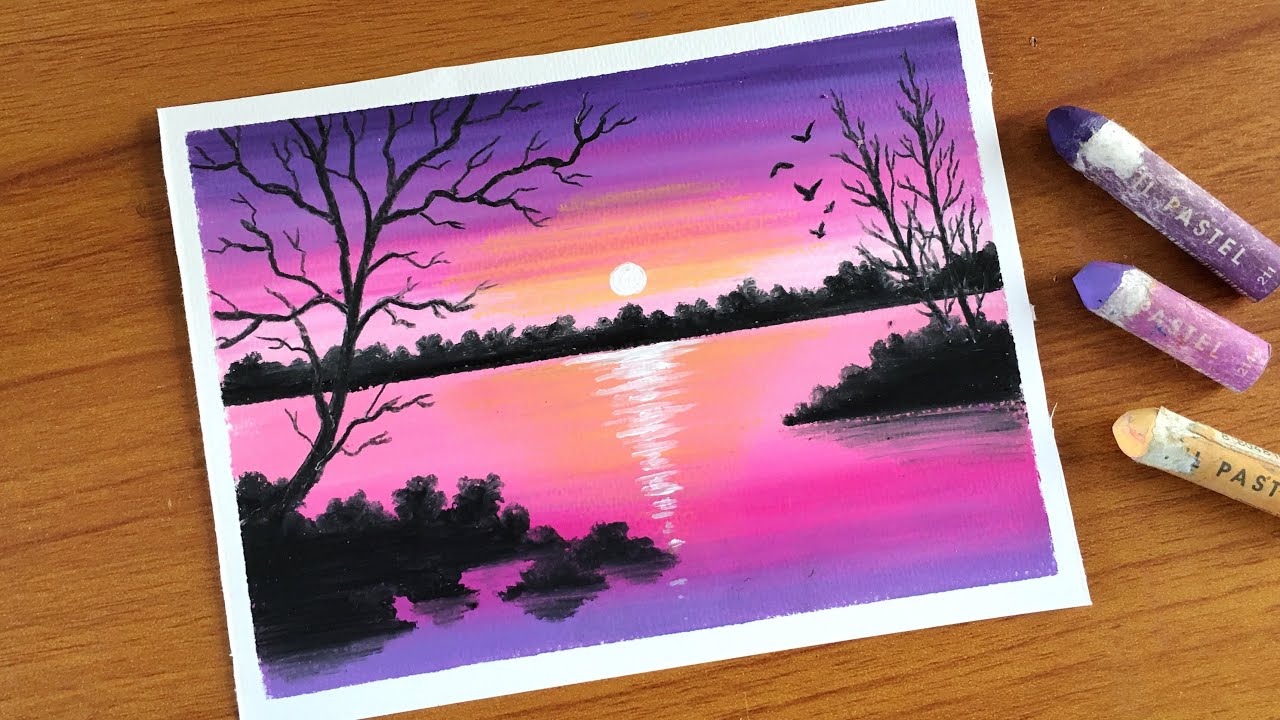 Easy Oil Pastel Pink Sunset Landscape Painting for beginners | Oil Pastel Drawing