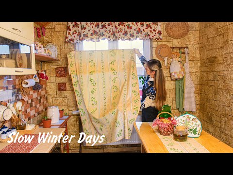 The art of living a simple life. Take up sewing on a winter day. Cozy cottagecore kitchen