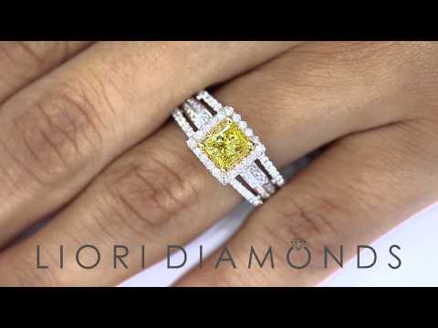 FD-179 - 1.36 Carat Fancy Yellow Princess Cut Diamond Engagement Ring 14k Gold Pave Halo