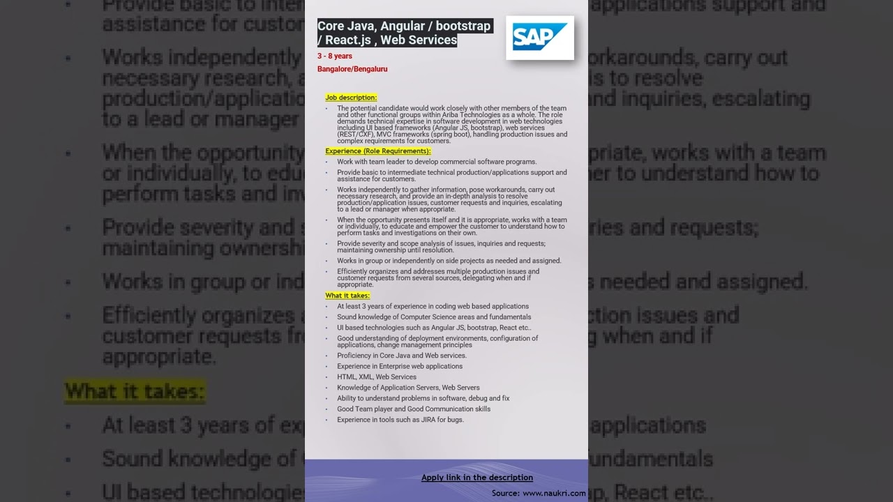 SAP | Core Java, Angular / bootstrap / React.js , Web Services