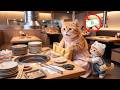 Broke Mama Cat Ginger Kitten Work As Waiters After Eating BBQ Buffet ️