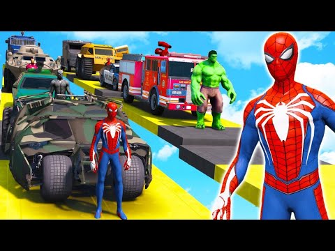 SPIDERMAN CARS Racing Challenge on MULTI Rampa ! SUPERHERO HULK Goku Motos BIKE JET SKI Race - GTA 5