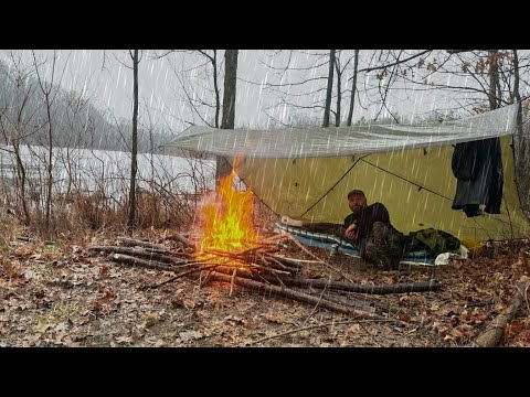 Camping in a Prolonged RAIN STORM | No Tent | Tarp Camping Lakeside