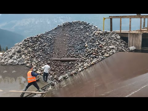 Barge unloading 4600 tons of large cobblestone  - natural rock flow sound - Barge work vlog