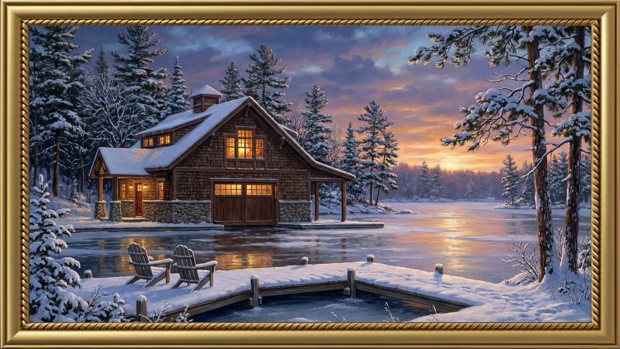 Peaceful Lake House Winter Sunset Gold Frame TV Art Screensaver | 2 Hours 4K — 4K ambient art screensaver in baroque gold frame
