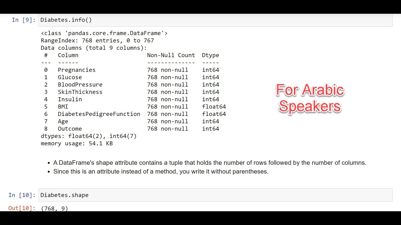 Pandas 02 | DataFrame  - Reading  CSV Diabetes Dataset بالعربي
