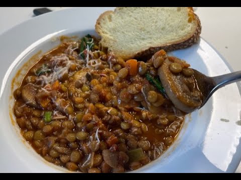 Vegetarian Lentil Soup with Crushed Tomatoes and Mushrooms