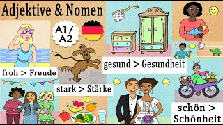 Deutsch lernen: 32 Adjektive &amp; passende Nomen / Deutschkurs A1 / A2 learning German