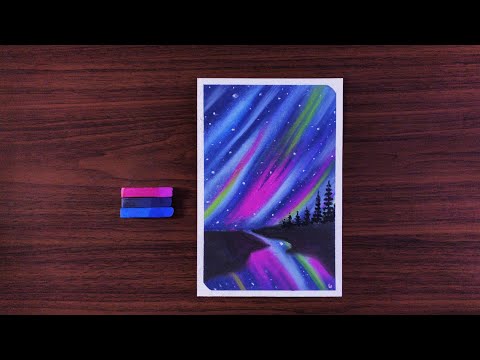 Northern Lights/Aurora Night Sky/ River Reflection Scenery/ Easy Soft Pastels Drawing for beginners