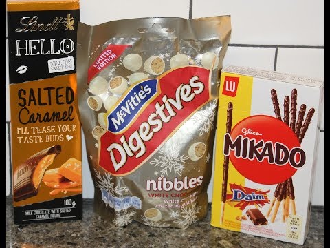 Lindt Hello Salted Caramel, McVitie’s Digestives White Chocolate Nibbles, Glico Mikado Daim