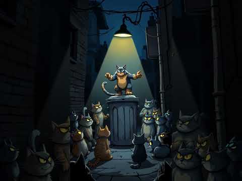 A tough-looking gang of alley cats is gathered under a single flickering streetlamp.  #funny #cat