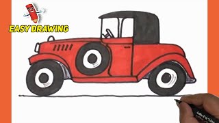 How to draw and color an old time Car real easy and step by step | Vintage Car drawings Tutorial