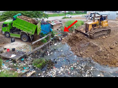 Best Landfills Operation! KOMATSU D31P bulldozer Loading soil reclaims Dirt Canal with 5Ton Trucks