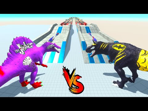 BATMAN T-REX vs JOKER SPINOSAURUS WHICH IS STRONGER & FASTER  -Animal Revolt Battle Simulator