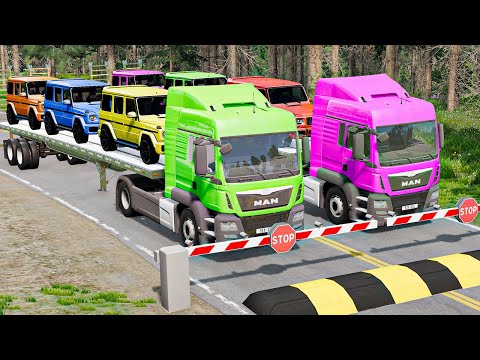Double Flatbed Trailer Truck vs Speedbumps - Cars vs Rails and Trains - BeamNG.Drive