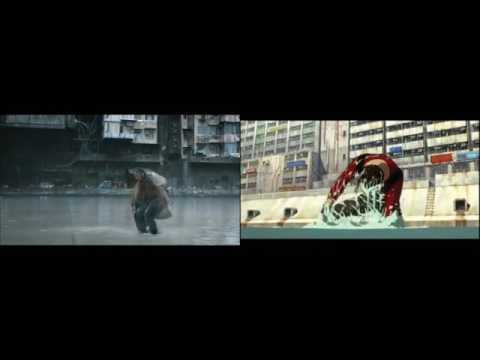 Ghost in the Shell movie/anime water fight comparison