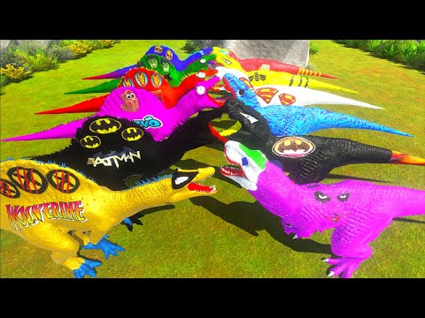 6 T-rex Superheroes Vs 6 Spinosaurus Race Championship Jurassic World Evolution 2 Dc Comics