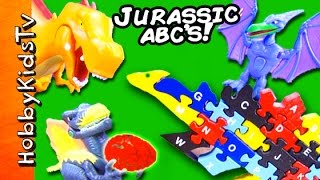JURASSIC Dinosaur ABC's Wood Puzzle SURPRISE Eggs! T Rex Stegosaurus Triceratops by HobbyKidsTV