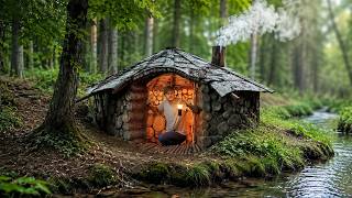 Building a Cozy Log Cabin with a Giant Clay Fireplace | Bushcraft Shelter