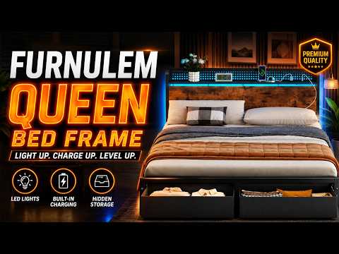 Furnulem Queen Bed Frame with Headboard, Built-in Charging Station video review thumbnail