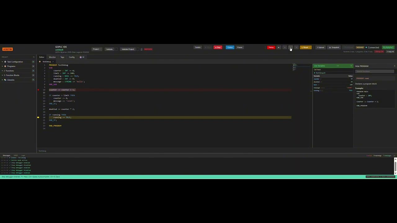 GOPLC Debugger Walkthrough