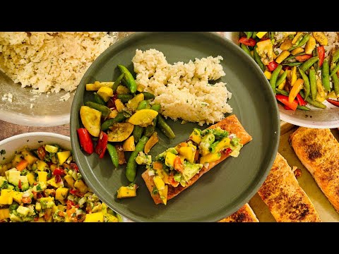 Blackened Trout, Mango Salsa, Coconut Rice, and Vegetable Medley
