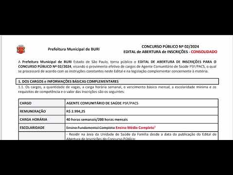 BURI/SP INSCRIÇÕES PARA CONCURSO PÚBLICO cargos  efetivo de Agente Comunitário de Saúde /ACS