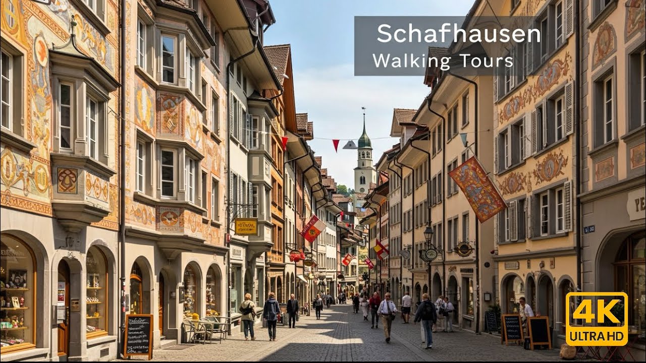 Immersive street-level walking tour through Schaffhausen Rhine Falls, Switzerland, showcasing authentic urban landscapes, local architecture, and the vibrant atmosphere of the city's neighborhoods