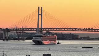 Diamond Princess Cruise Ship Returns to its Home Port of Yokohama as Sun Rises on the Horizon