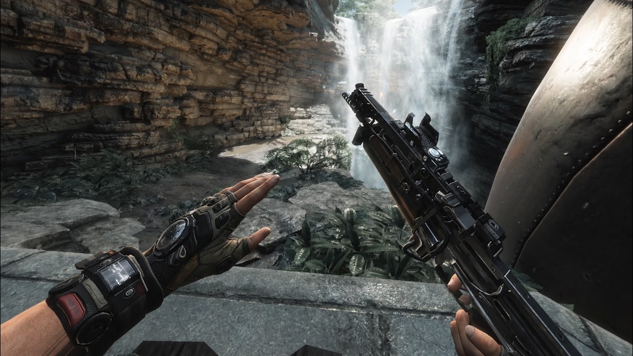 First-person view inside the Titanfall 2 VR mod: two gloved hands, one holding a rifle, beside a waterfall in a rocky canyon