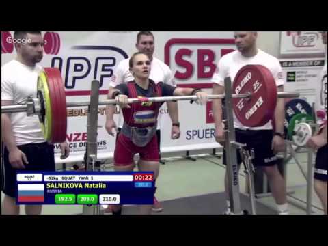 Natalia Salnikova (RUS, -52kg) 210kg/462lb Squat (Equipped European Record) 2015 Equipped World's
