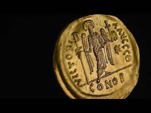 Moneta, Justinian I, Solidus, 527-565 AD, Constantinople, AU(55-58), Złoto