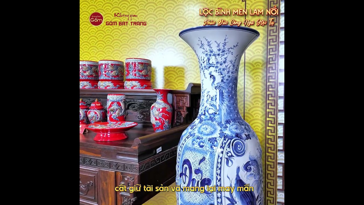 Lộc Bình 1M4 Men Lam Nổi Phúc Đức Công Ngư Hội Tụ