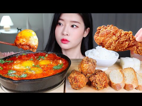 ASMR * 🔥 SPICY FIRE EGG IN HELL (SHAKSHUKA) 🔥 CRISPY SPICY FRIED CHICKEN & BAGUETTE & RICE MUKBANG