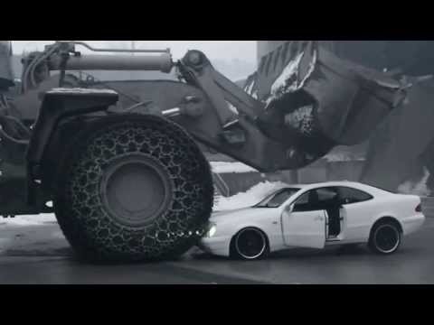Mercedes crushed by CAT wheel loader