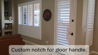 Shutter with a notch for a french door handle and offset split tilt system.