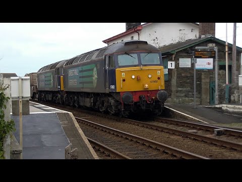 DRS Class 57s with nuclear flasks at Valley station & other trains, 13-02-2015.