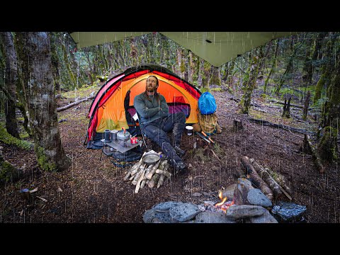 CAMPING in the RAIN - Alone in Rainforest - Tent and Campfire