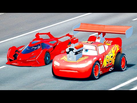 Lightning McQueen Dragster vs Lamborghini V12 Vision GT - Drag Race 24 KM Straight Road
