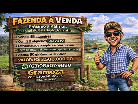 FAZENDA À VENDA APENAS 50 KM DE PALMAS-TO CAPITAL DO ESTADO, (63)984079880