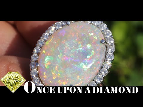 22CT Australian Opal Halo Ring with Diamonds 18K White Gold