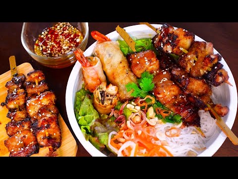 So Delicious! Flavorful Vietnamese Grilled Pork & Crispy Egg Rolls - Bun Thit Nuong Recipe