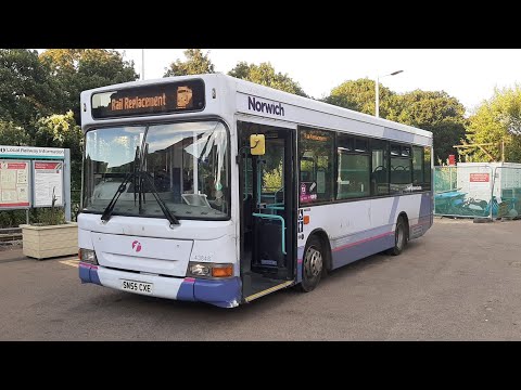 *Thrash* Rail Replacement Dennis Dart departs Reedham Station.