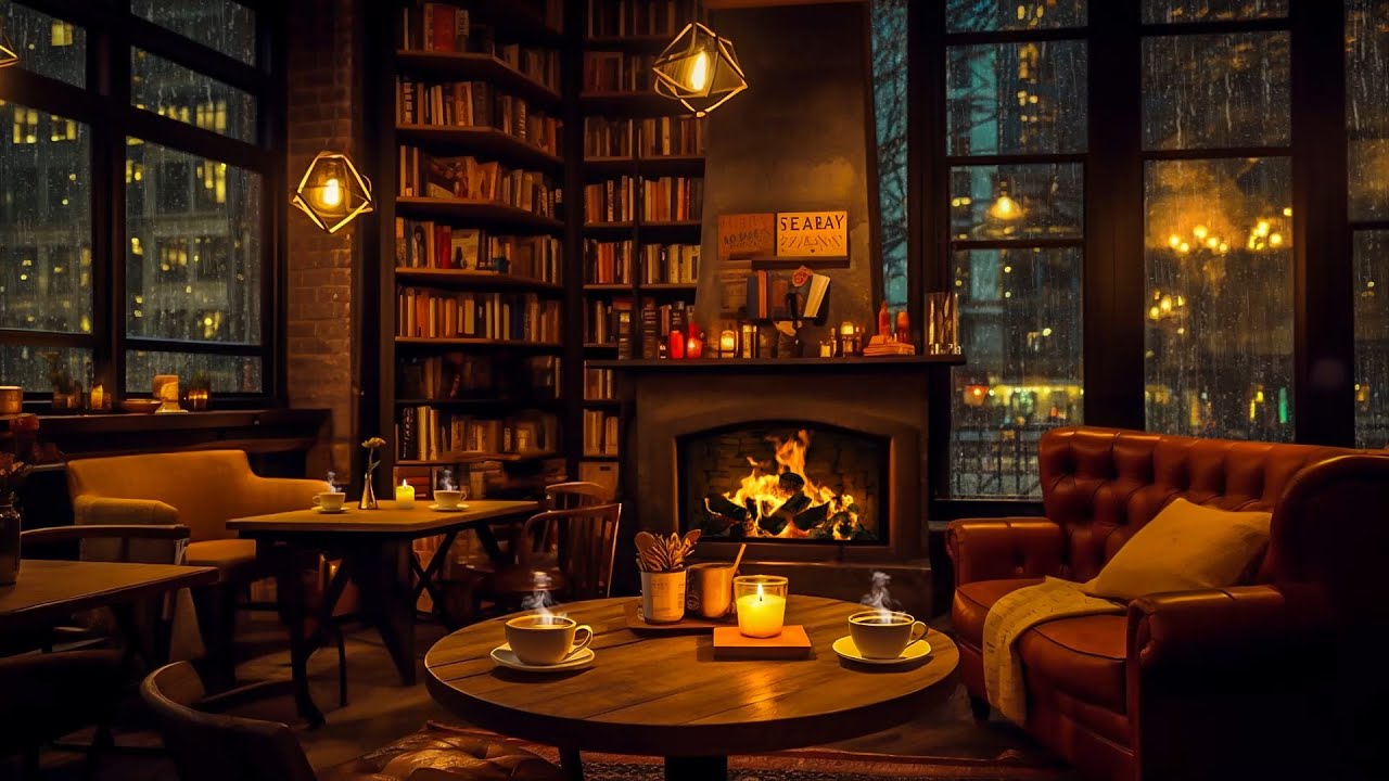 Smooth Jazz Instrumental & Crackling Fireplace ☕ Warm Jazz Music in Cozy Coffee Shop Ambience