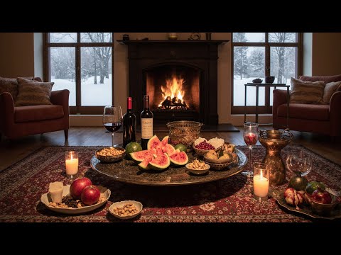 Yalda Night Cozy Fireplace | Persian Treats, Pomegranates & Snowfall for Winter Relaxation