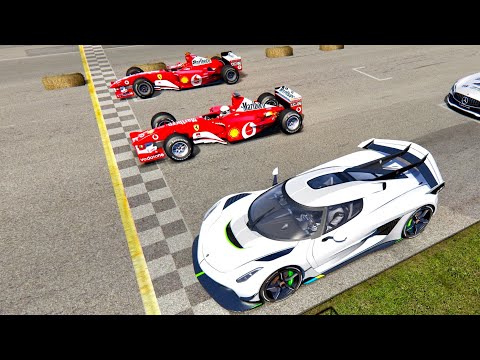 Koenigsegg Jesko vs Ferrari F1 2004 vs Ferrari F1 2002 - Old Monza