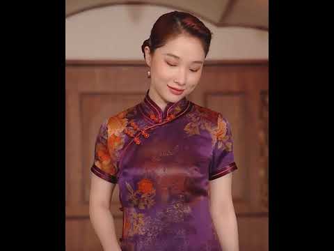 HangErFeng Qipao Women's Mulberry Silk Cheongsam Peony Print Slim Dress 3555