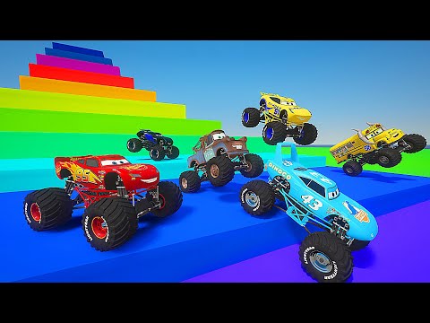 Cars Climb to Highest Level Obstacle Monster Trucks McQueen Miss Fritter The King Cruz Ramirez Mater