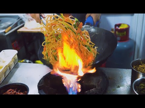 Chinese Street Food -Fried rice with egg, fried noodles, mixed with cold noodle, Chinese Hamburger