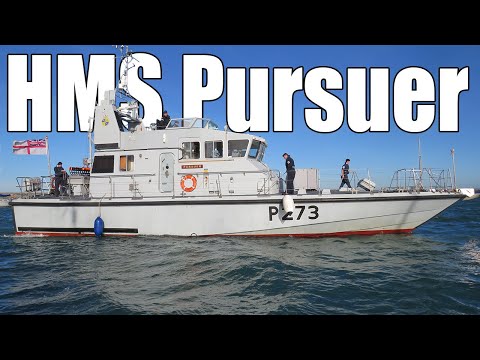 HMS Pursuer (P273) Leaving Holyhead Marina, Towards Crane for Engine Out - Royal Navy Archer Class